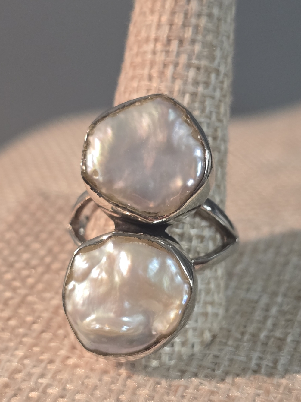 Sterling Silver Double Freshwater Pearl Ring - White Pearl